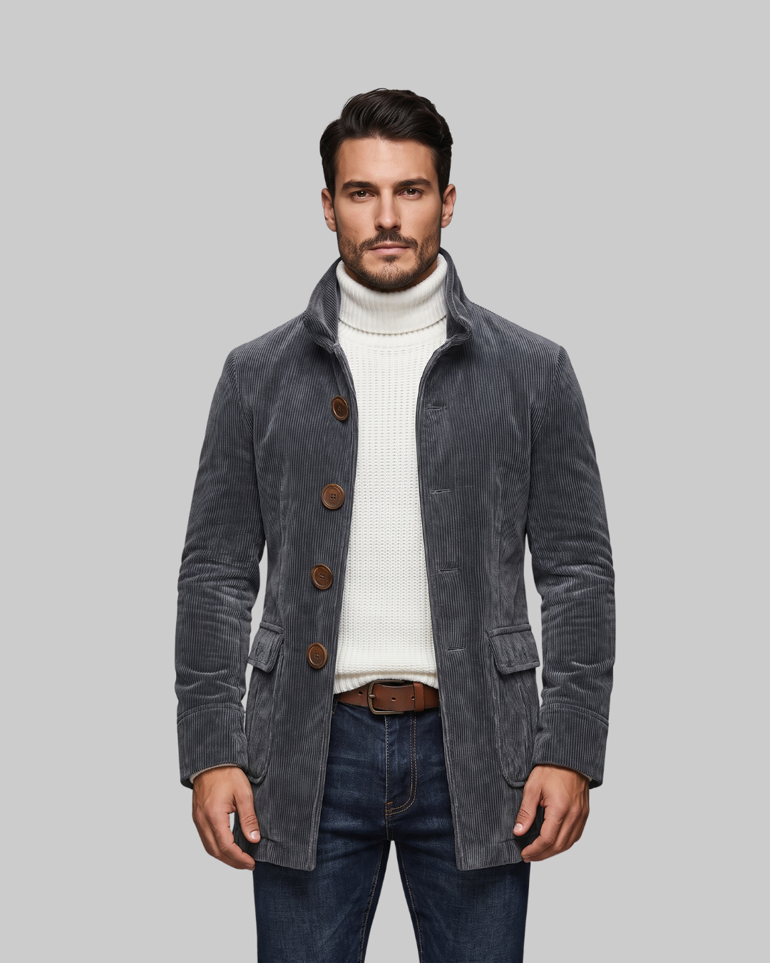 Men's Ribbed Stand Collar Coat in grey.