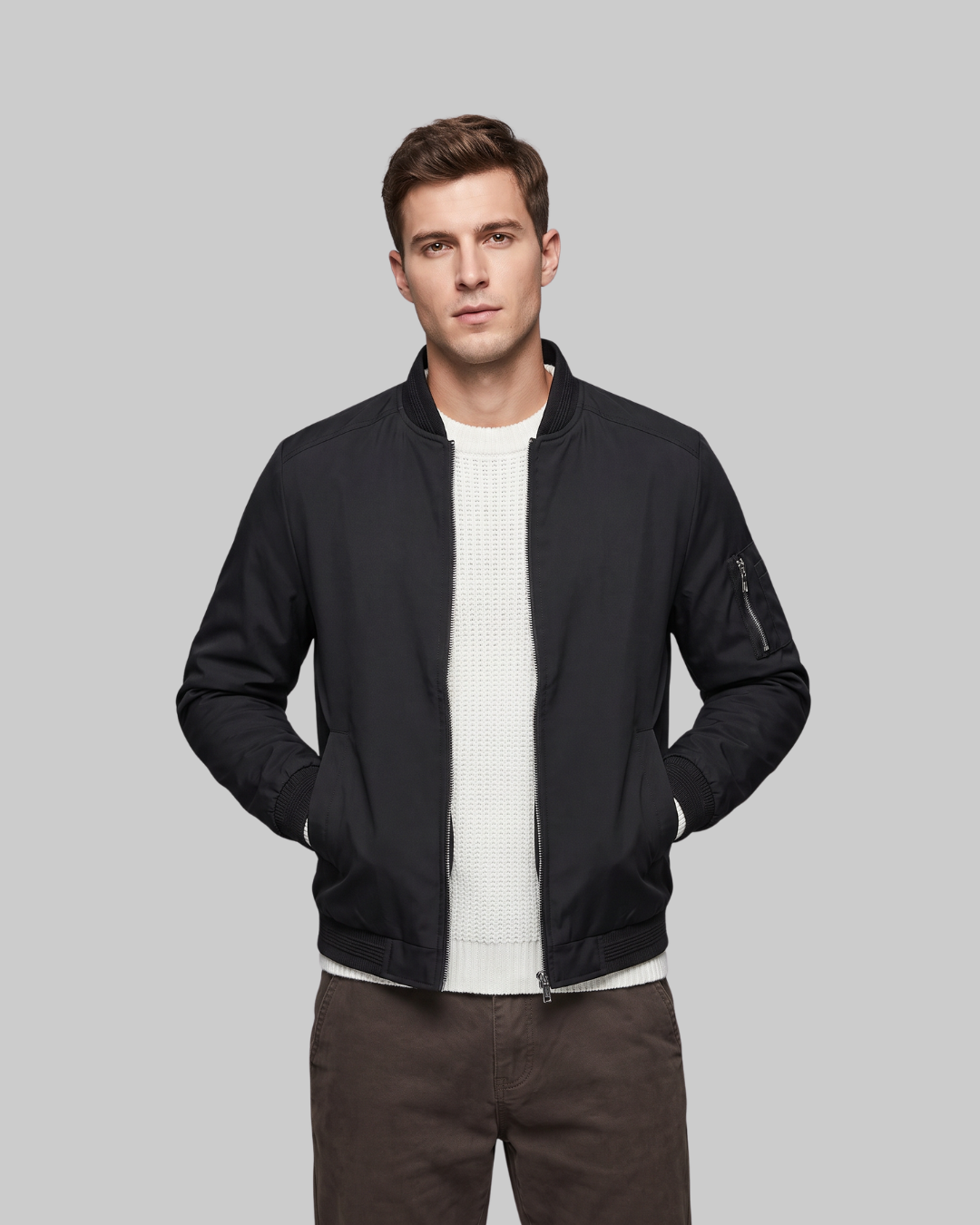 Men's Ribbed Trim Bomber Jacket in black.