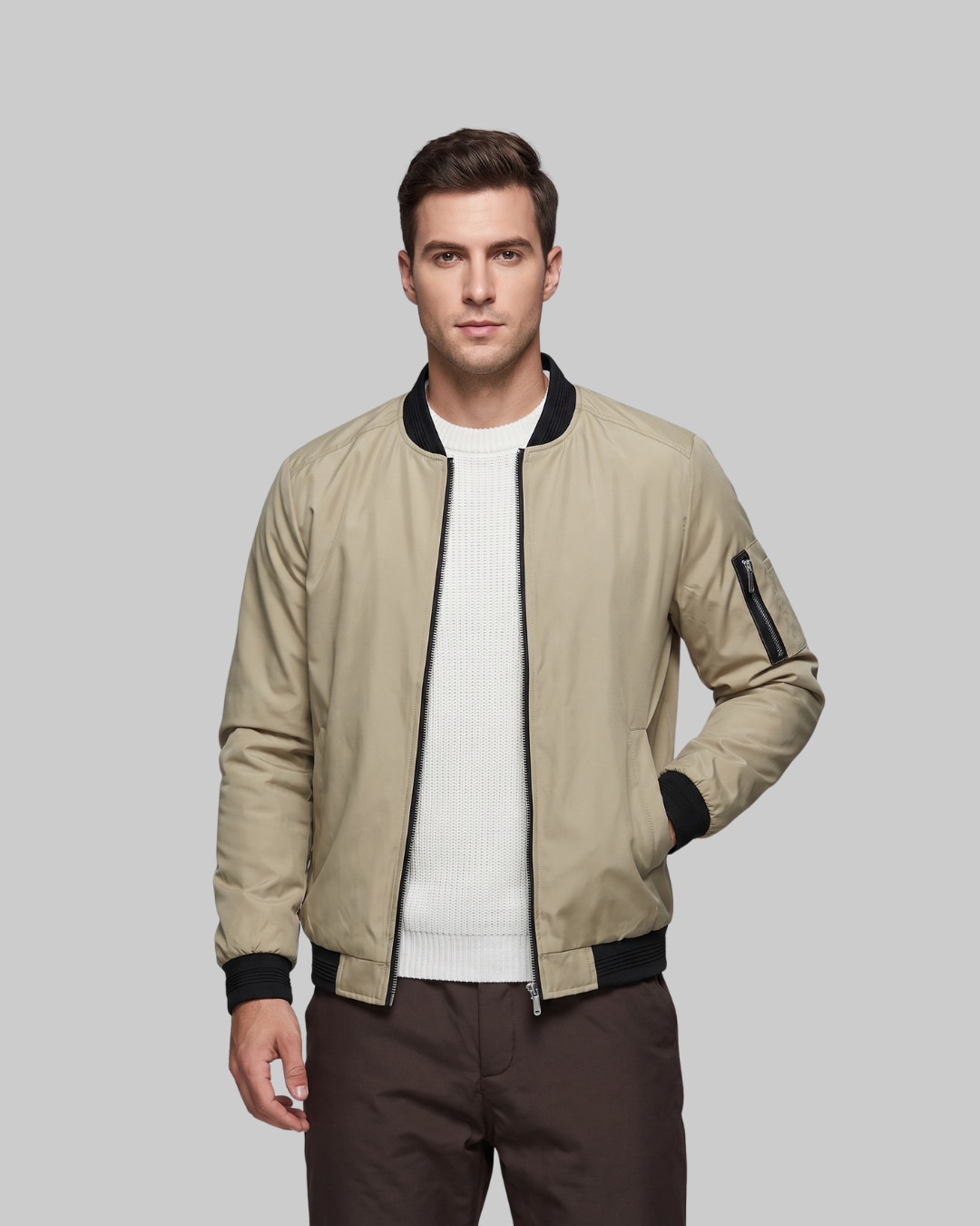 Men's Ribbed Trim Bomber Jacket in khaki.