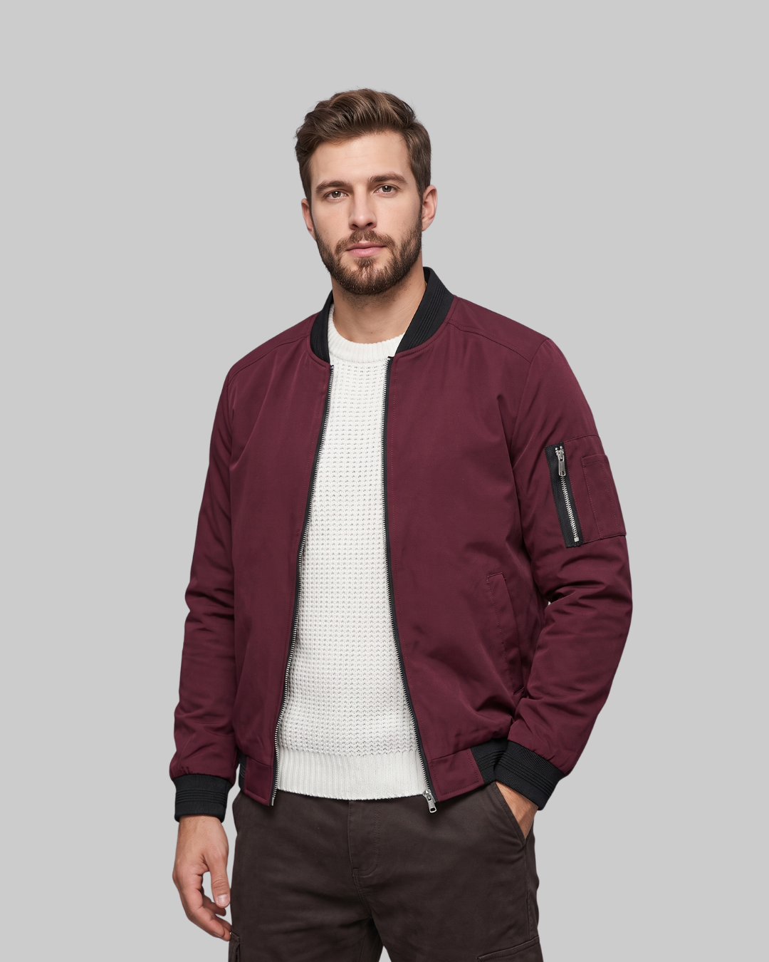 Men's Ribbed Trim Bomber Jacket in wine red.