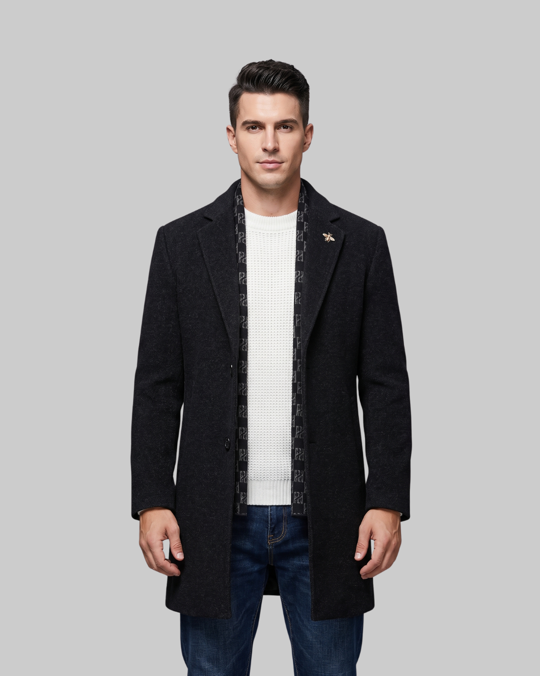 Men's Scarf Collar Winter Coat in black.