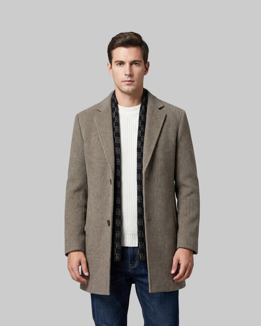 Men's Scarf Collar Winter Coat in brown.