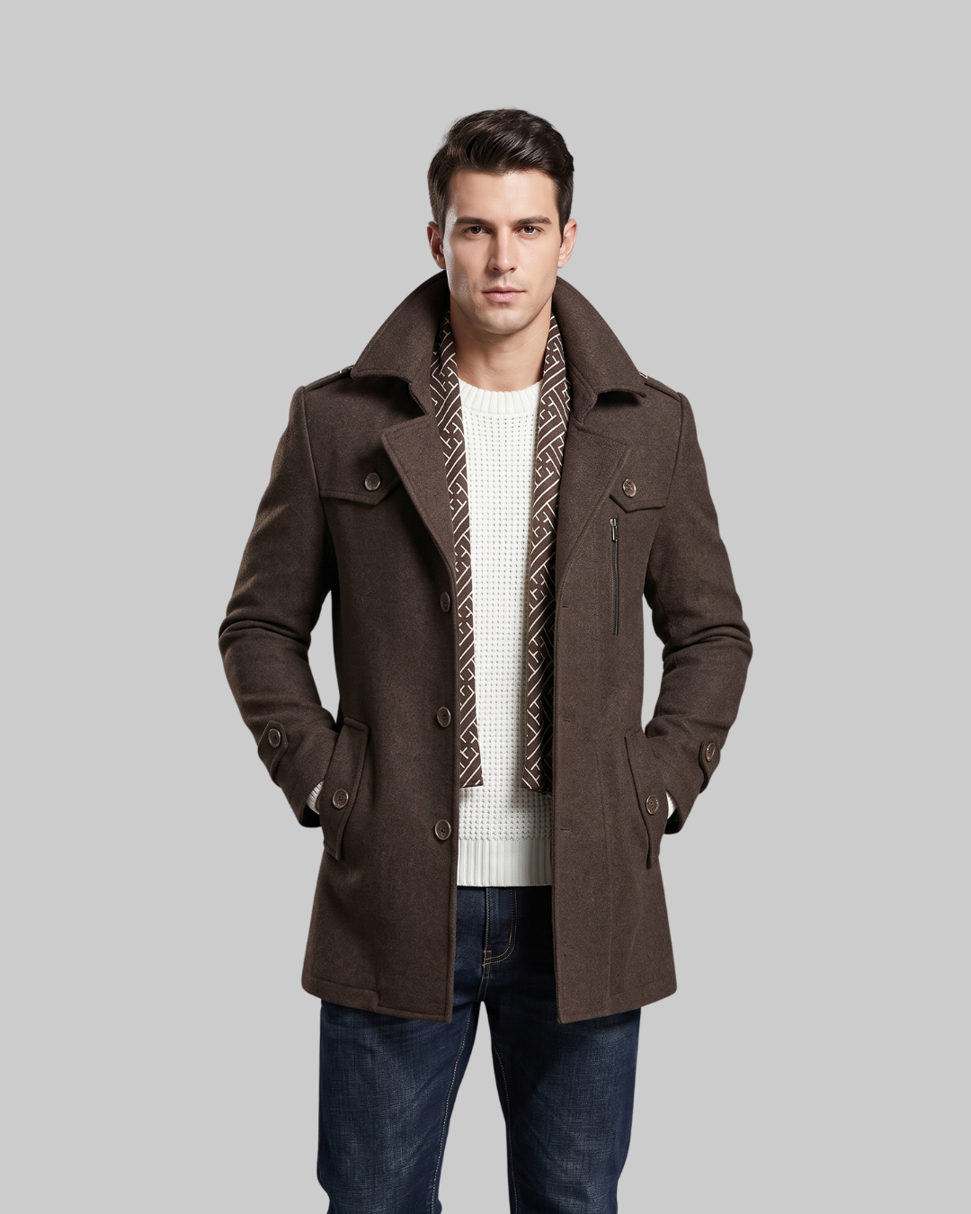 Men's Scarf Detail Pea Coat in brown.