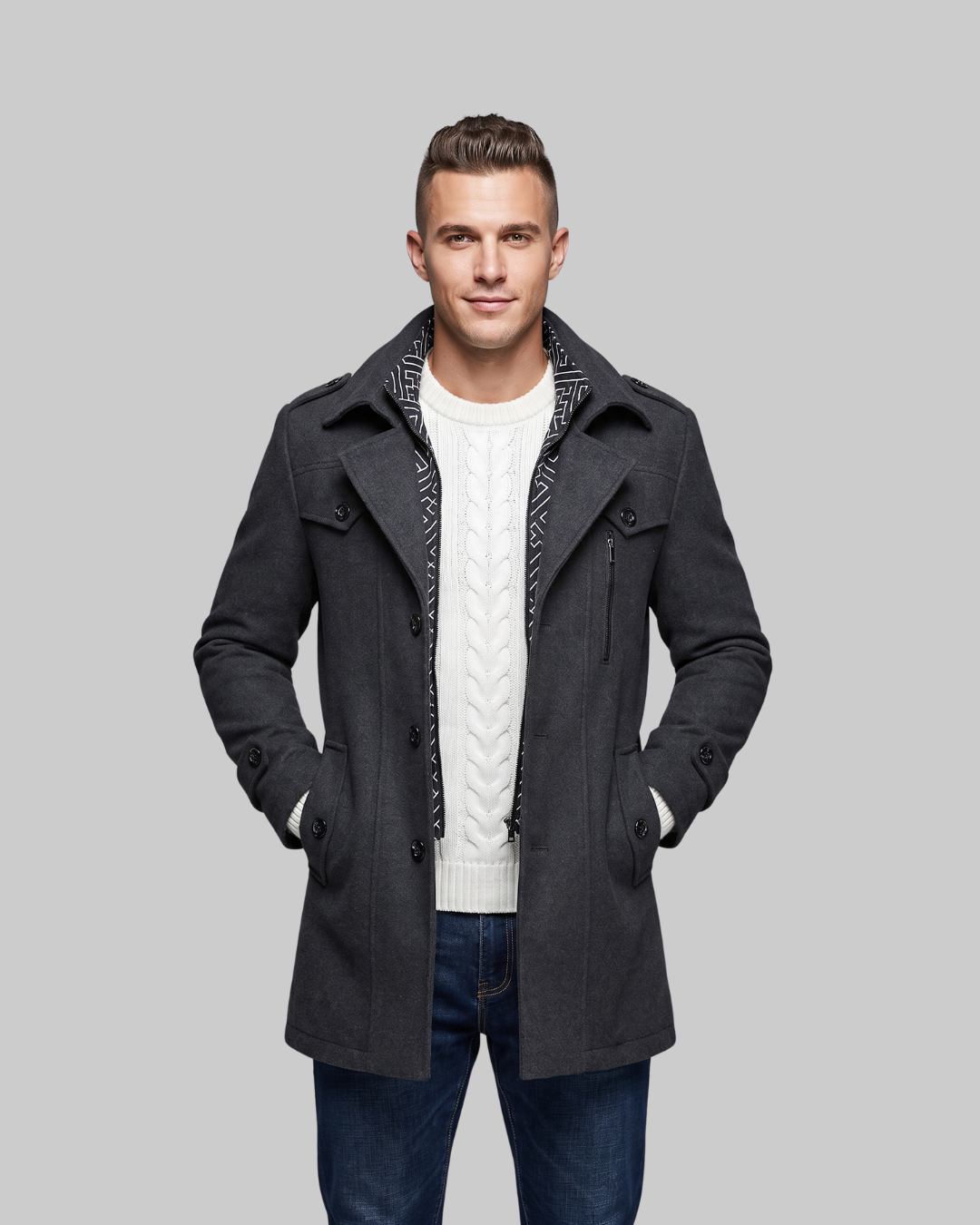 Men's Scarf Detail Pea Coat