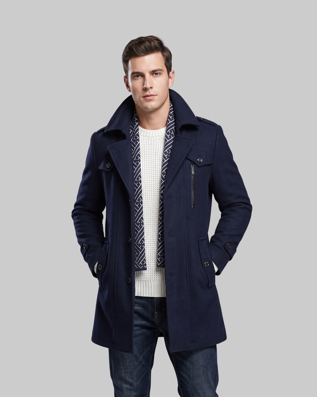 Men's Scarf Detail Pea Coat in navy blue.