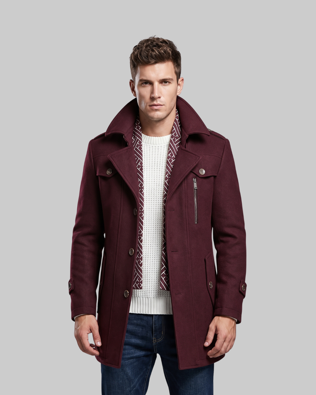Men's Scarf Detail Pea Coat
