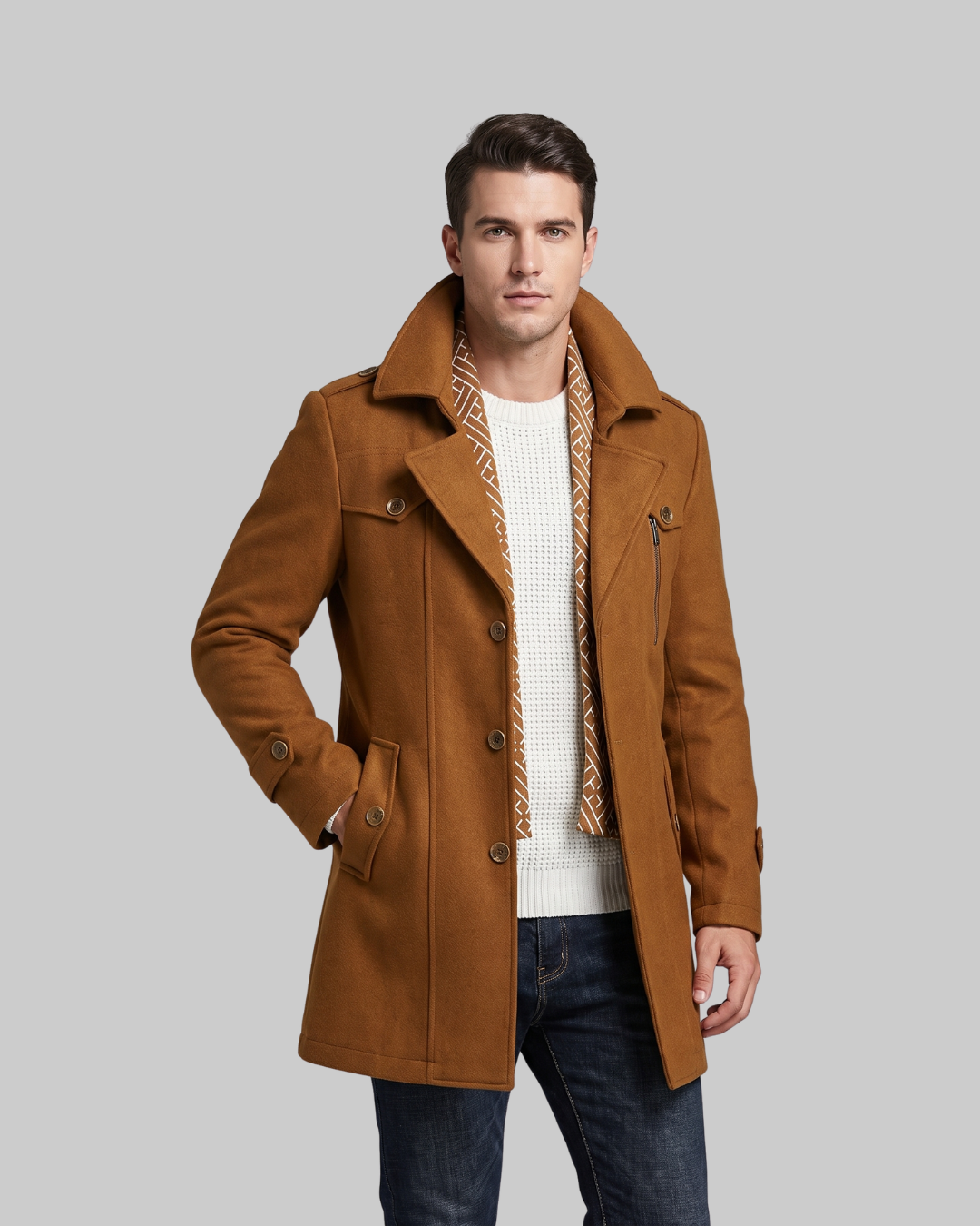 Men's Scarf Detail Pea Coat in yellow.