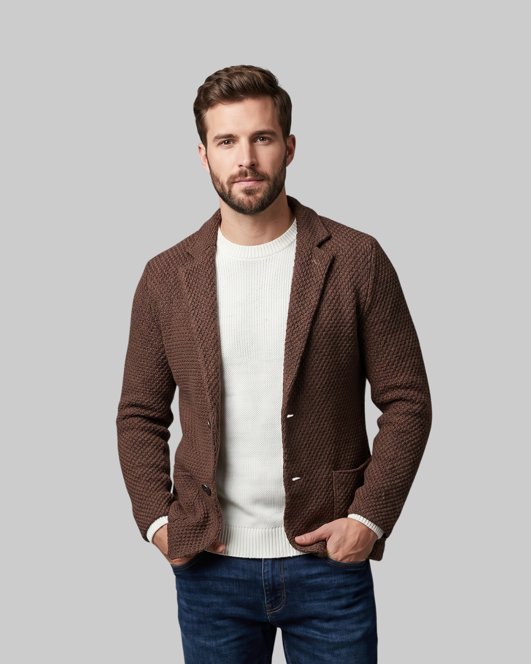 Men's Shawl Collar Knit Blazer in dark brown.