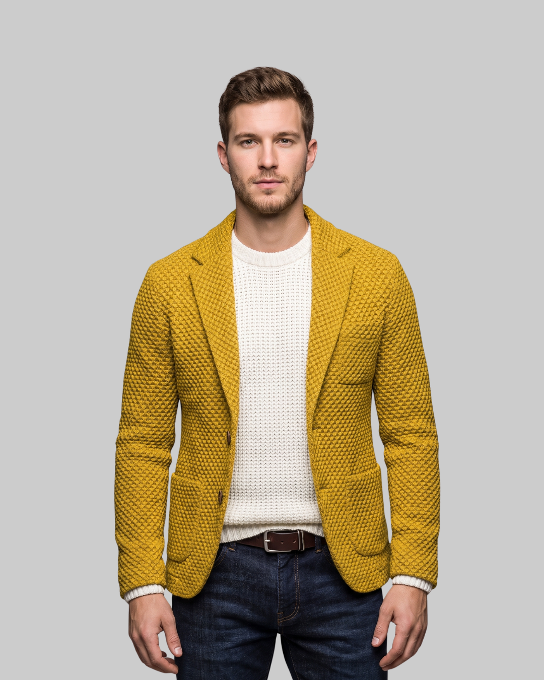 Men's Shawl Collar Knit Blazer in yellow.