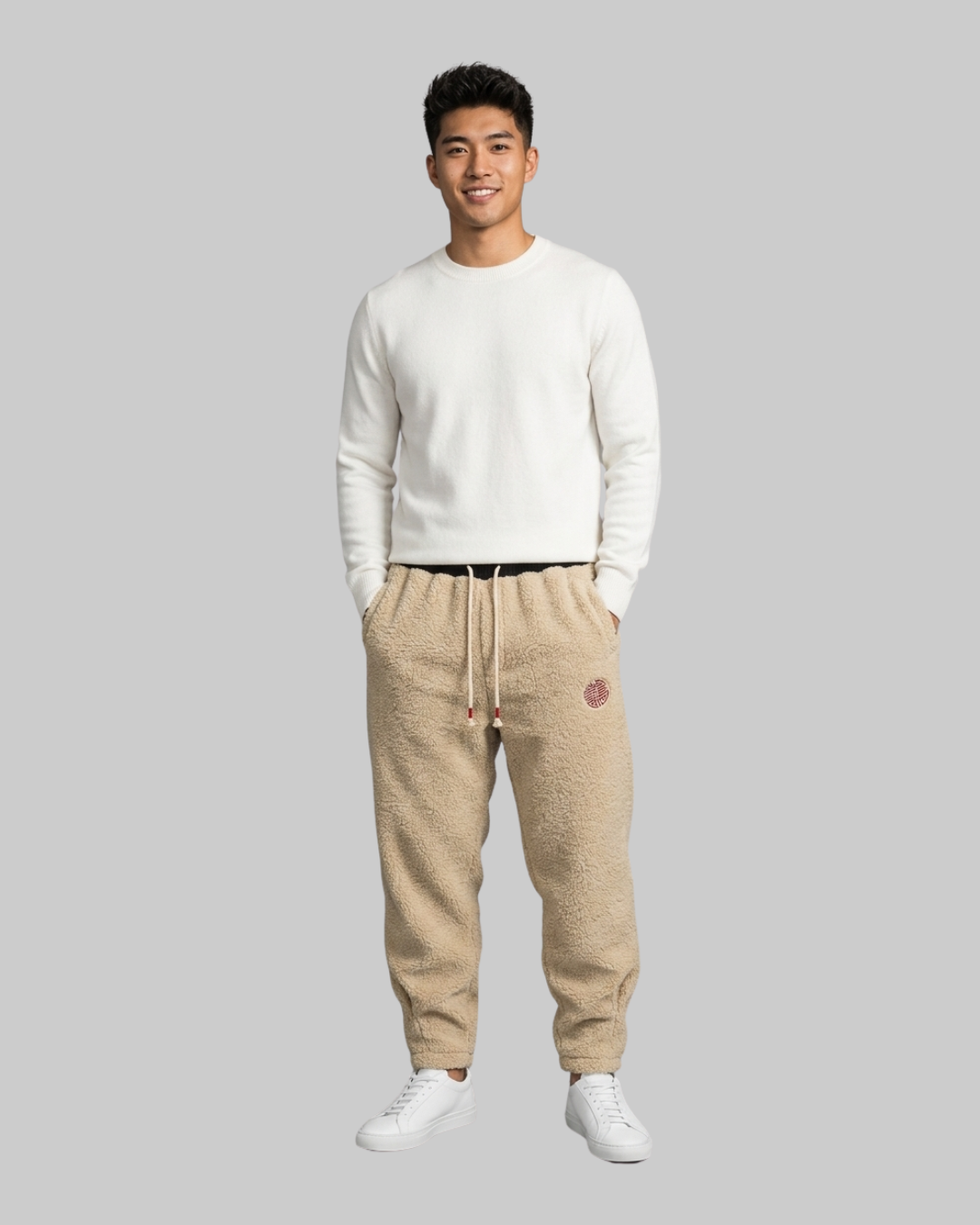 Men's Sherpa Jogger Pants in beige.