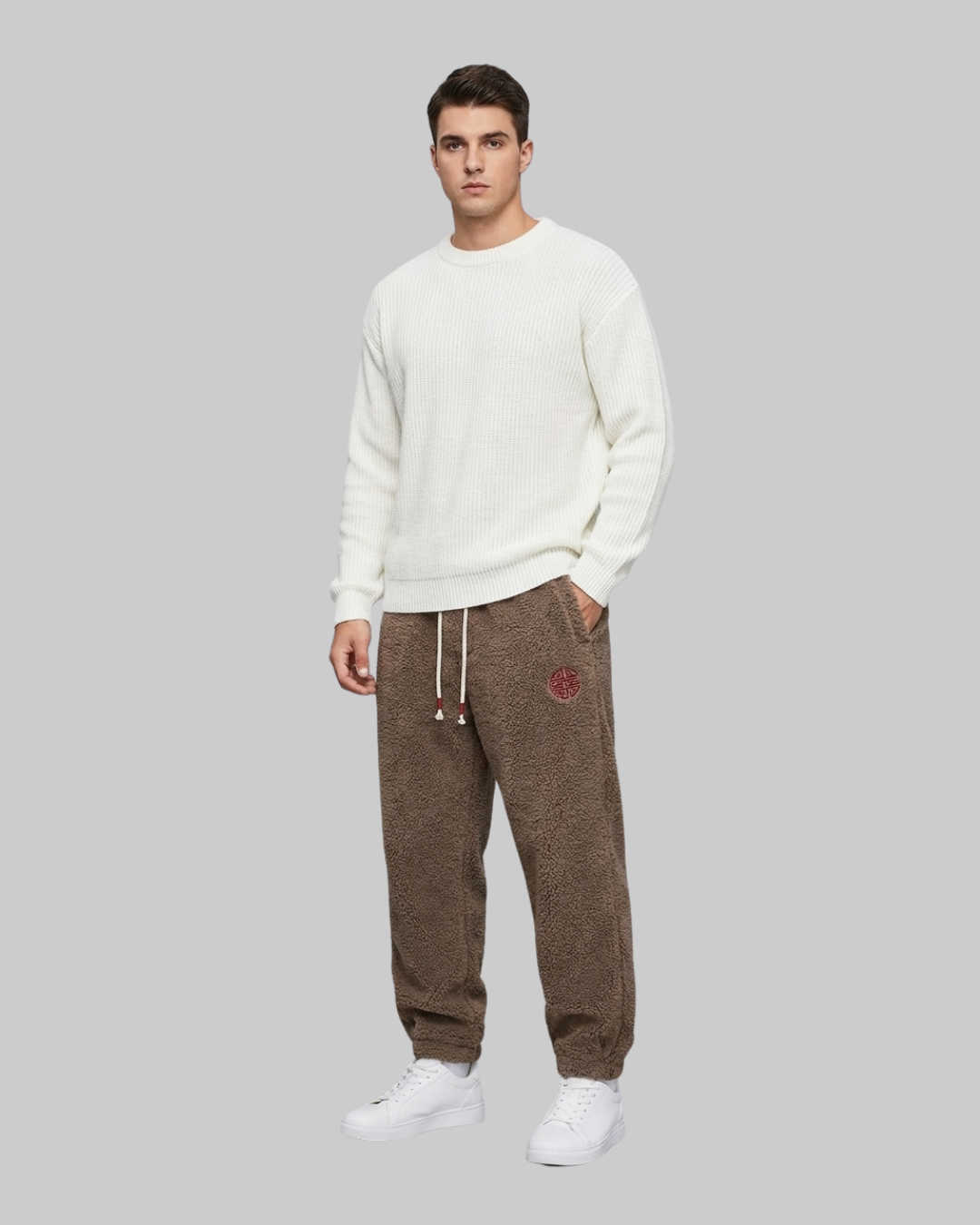 Men's Sherpa Jogger Pants in brown.