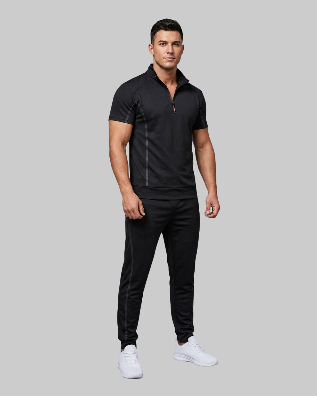 Men's Short Sleeve Half Zip Sports Set in black.