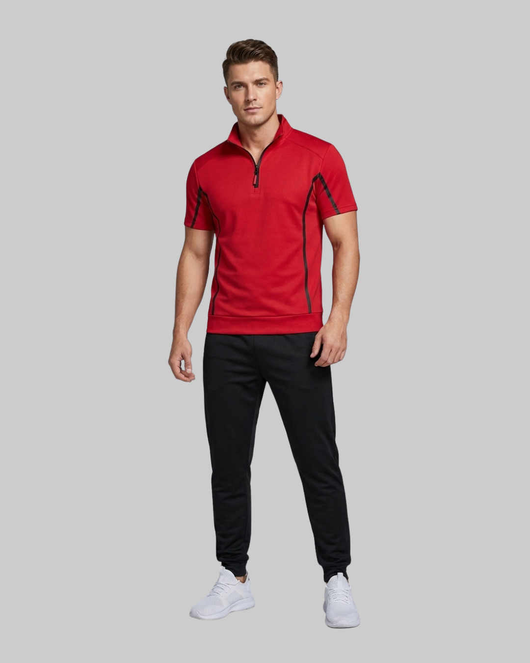 Men's Short Sleeve Half Zip Sports Set in red.