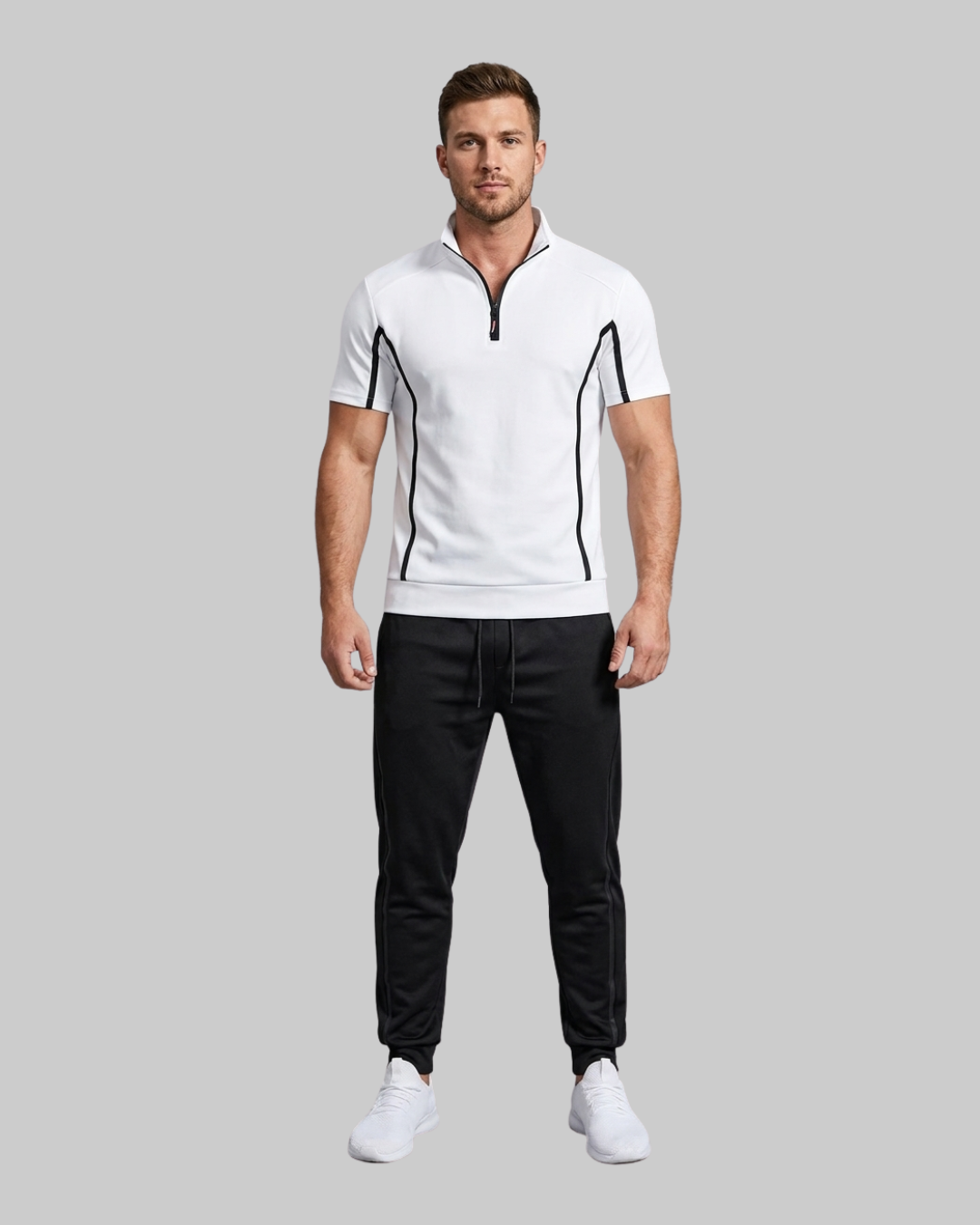 Men's Short Sleeve Half Zip Sports Set in white.