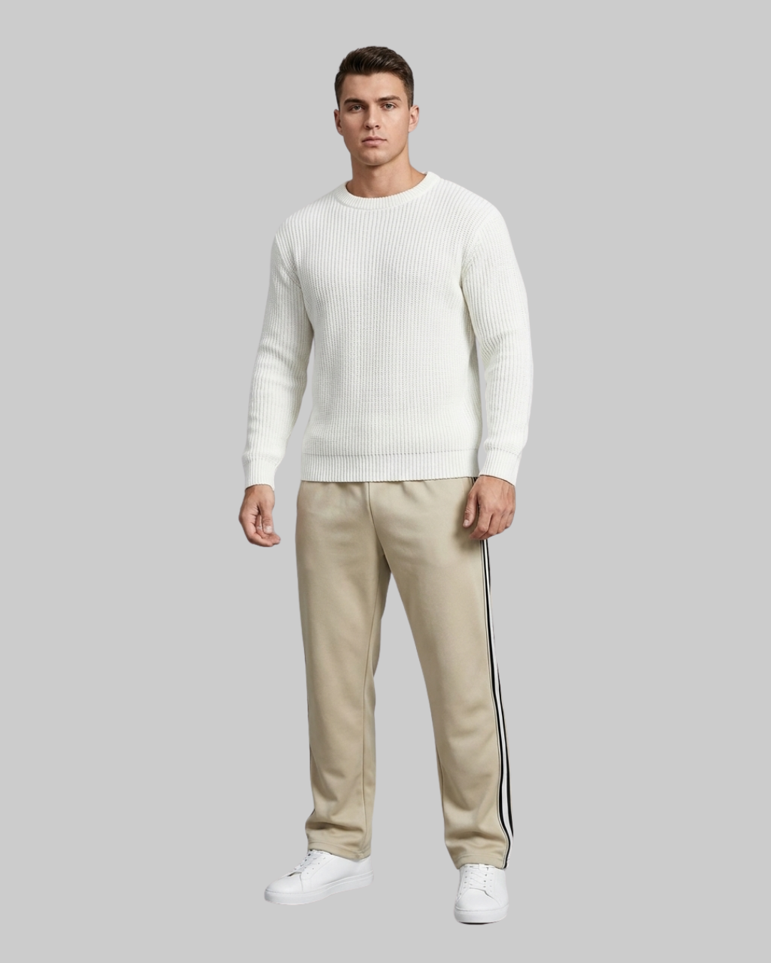 A man modeling a ribbed white long-sleeve sweater, beige track pants with black side stripes, and white sneakers against a solid gray background.