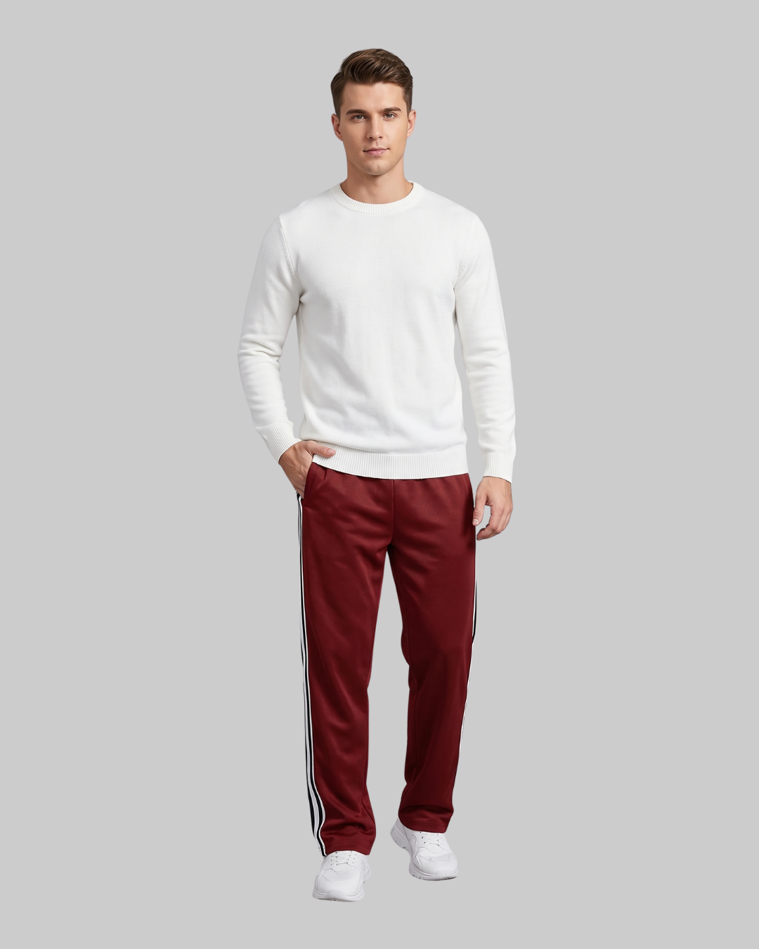 A man modeling a white crewneck sweatshirt and burgundy track pants with white side stripes, paired with white sneakers, against a solid gray background.