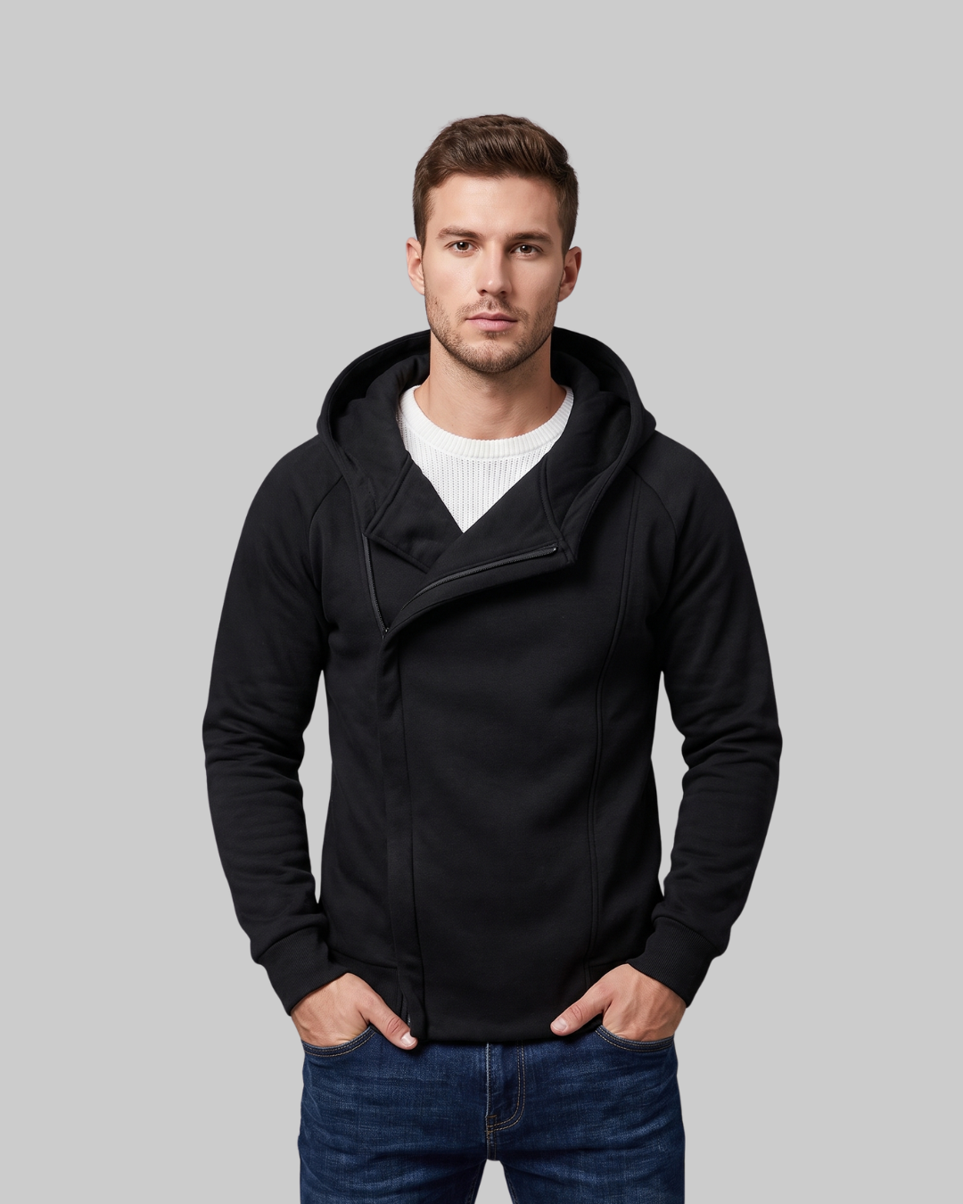 Men's Side Zip Hoodie in black.