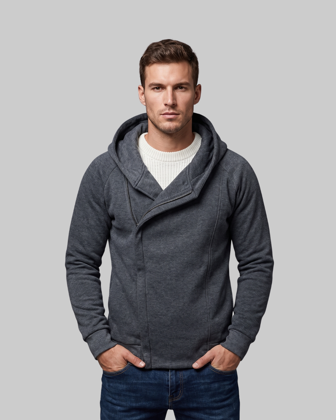 Men's Side Zip Hoodie in dark grey.