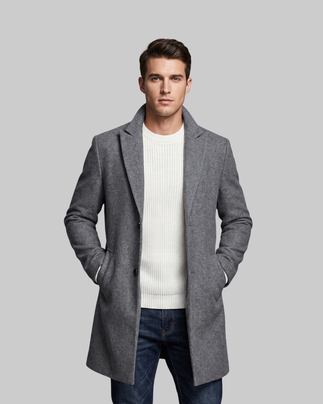 Men's Single-Breasted Dress Coat in grey.