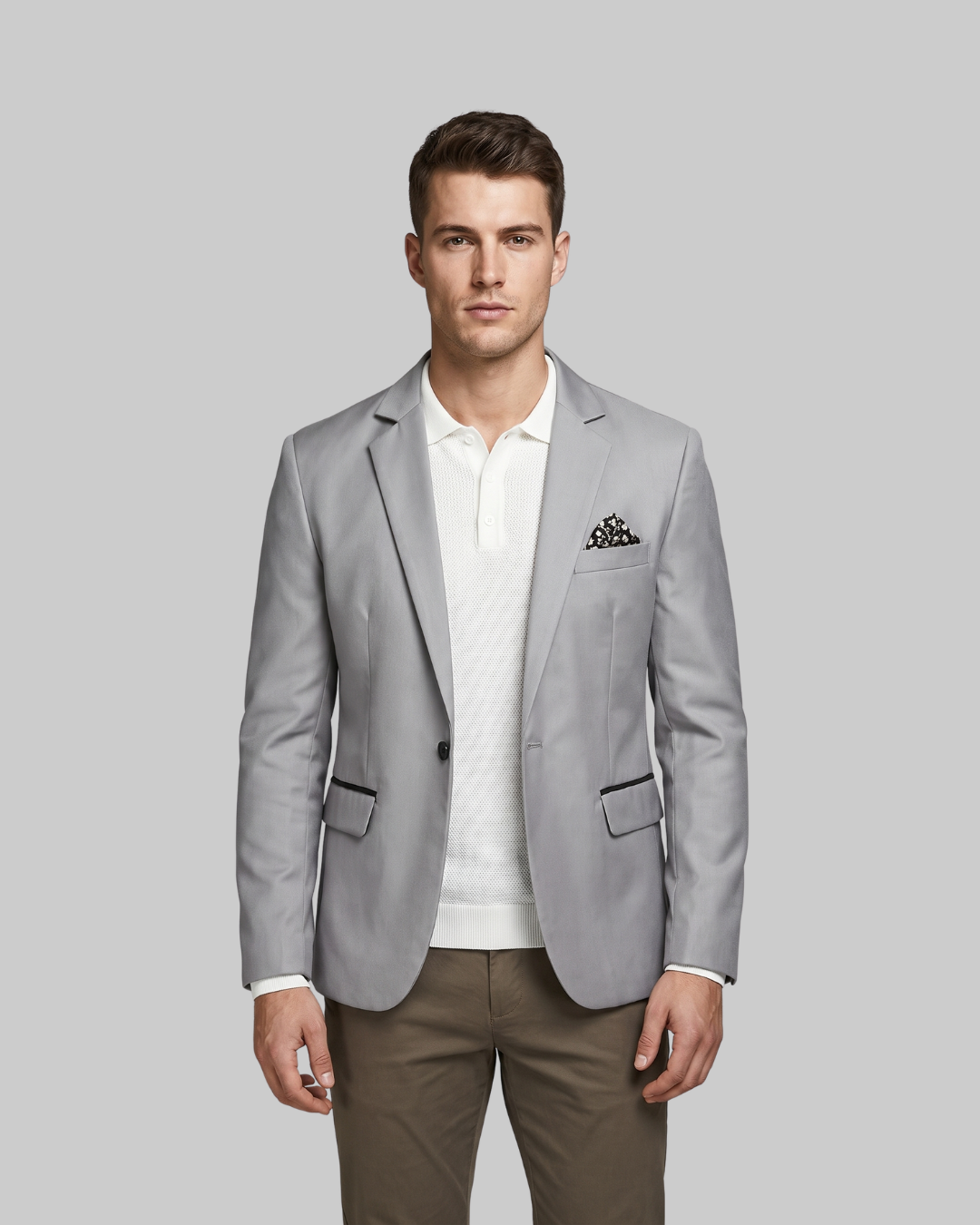 Men's Single Button Formal Blazer in grey.