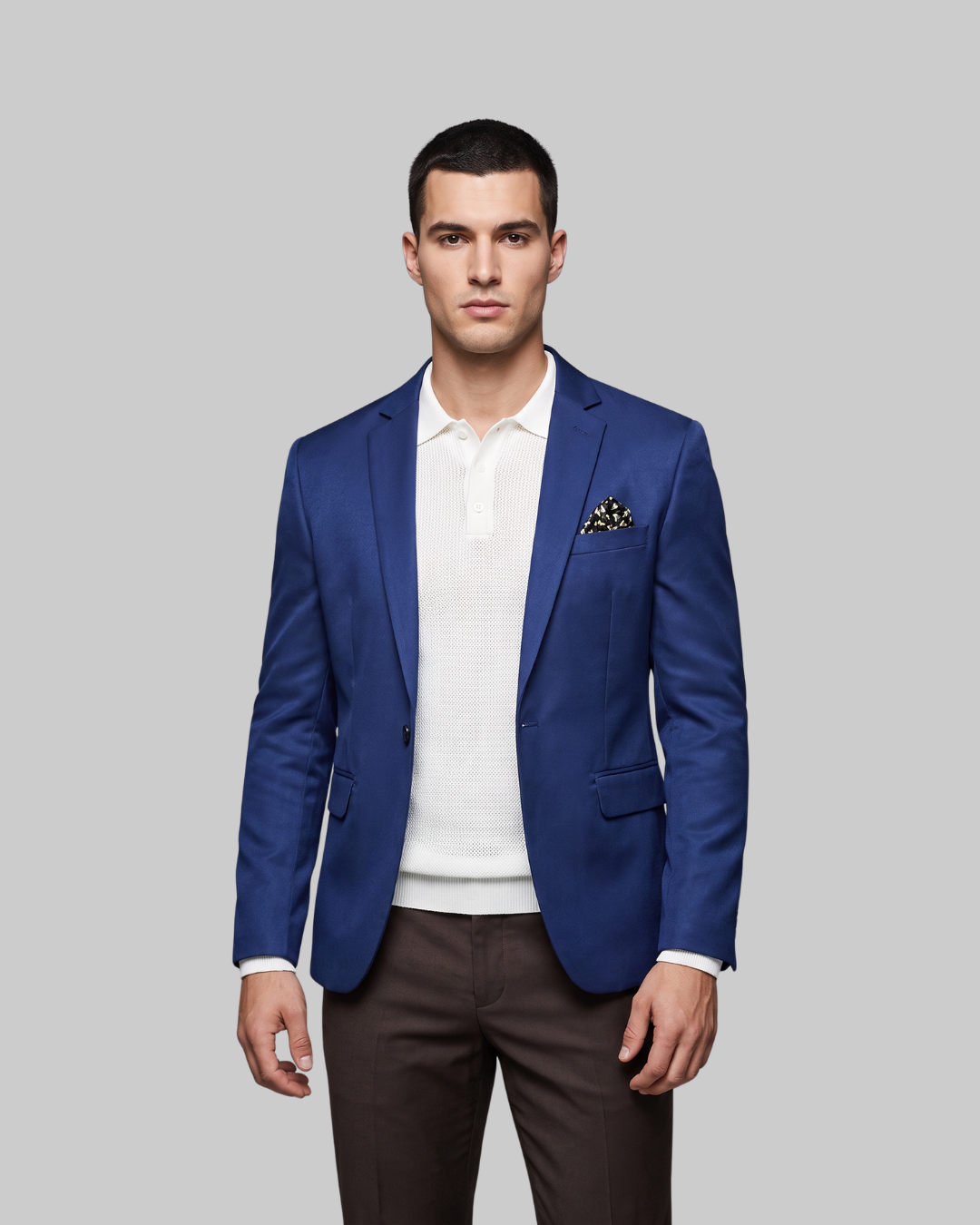 Men's Single Button Formal Blazer in royal blue. 