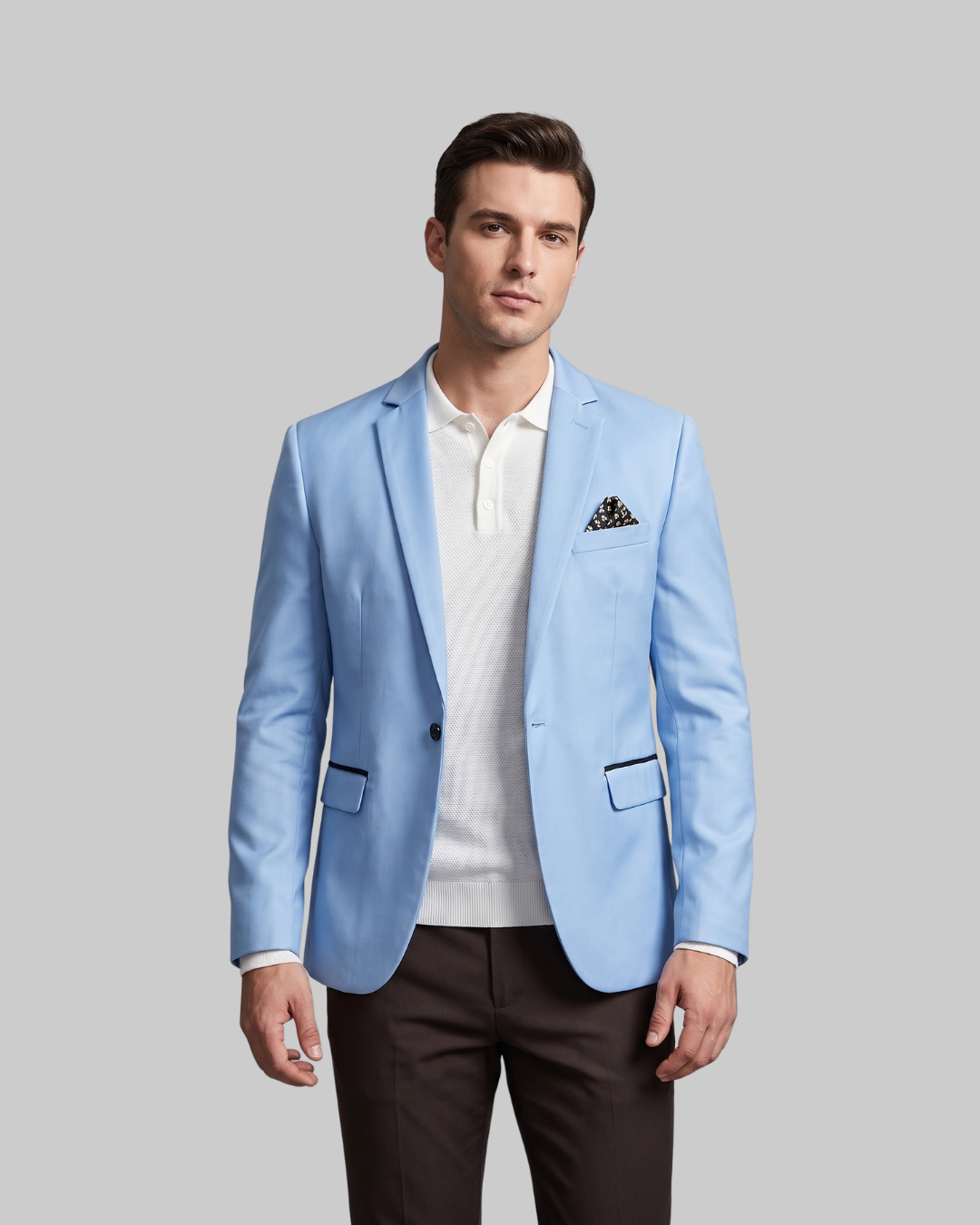 Men's Single Button Formal Blazer in sky blue.
