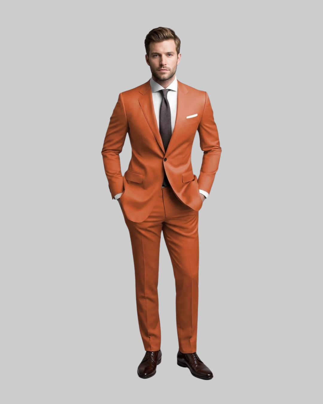Men's Single Button Slim 2 Piece Suit in orange.