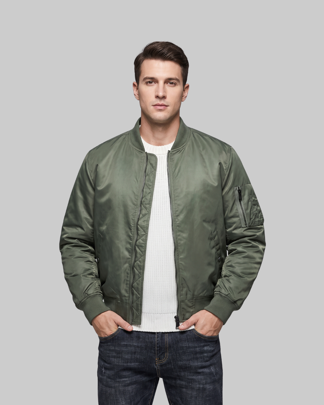 Men's Sleeve Pocket Bomber Jacket in army green.