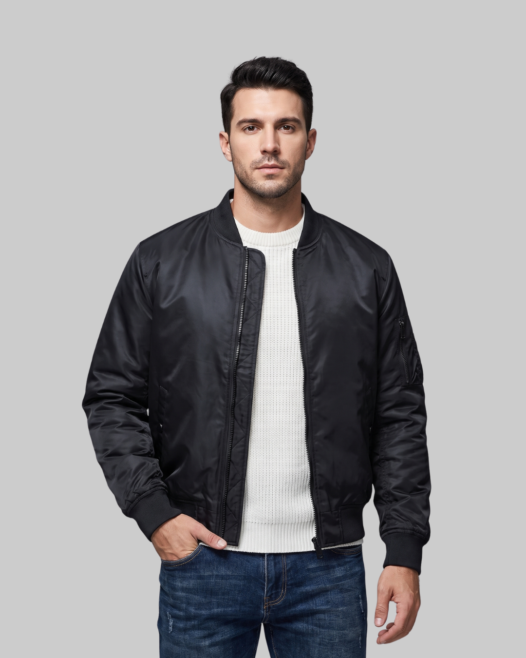 Men's Sleeve Pocket Bomber Jacket in black.