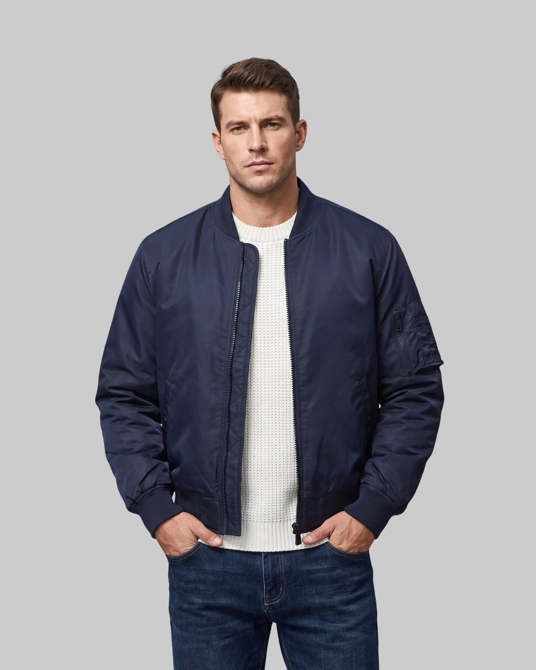 Men's Sleeve Pocket Bomber Jacket in dark blue.