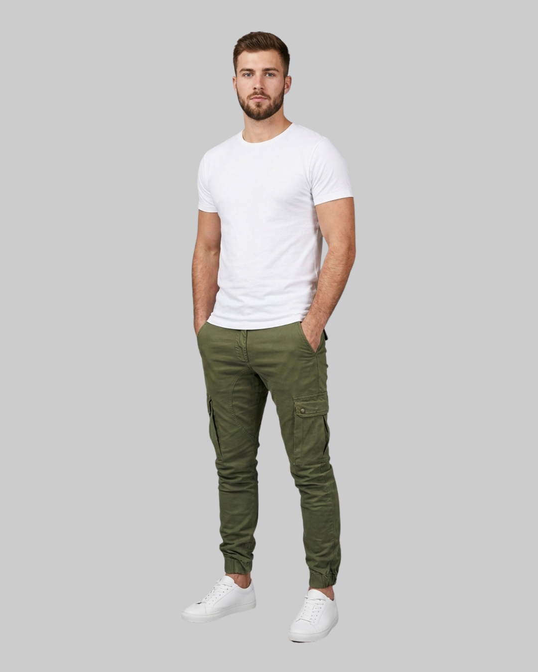 Men's Slim Cargo Jogger Pants in green.