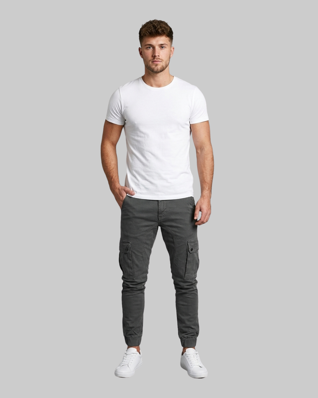 Men's Slim Cargo Jogger Pants in grey.