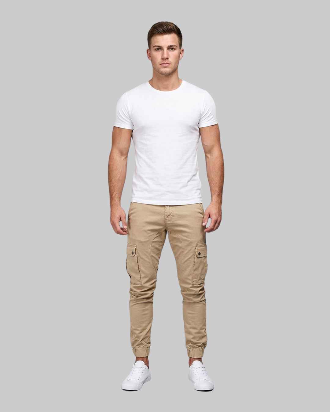 Men's Slim Cargo Jogger Pants in khaki.