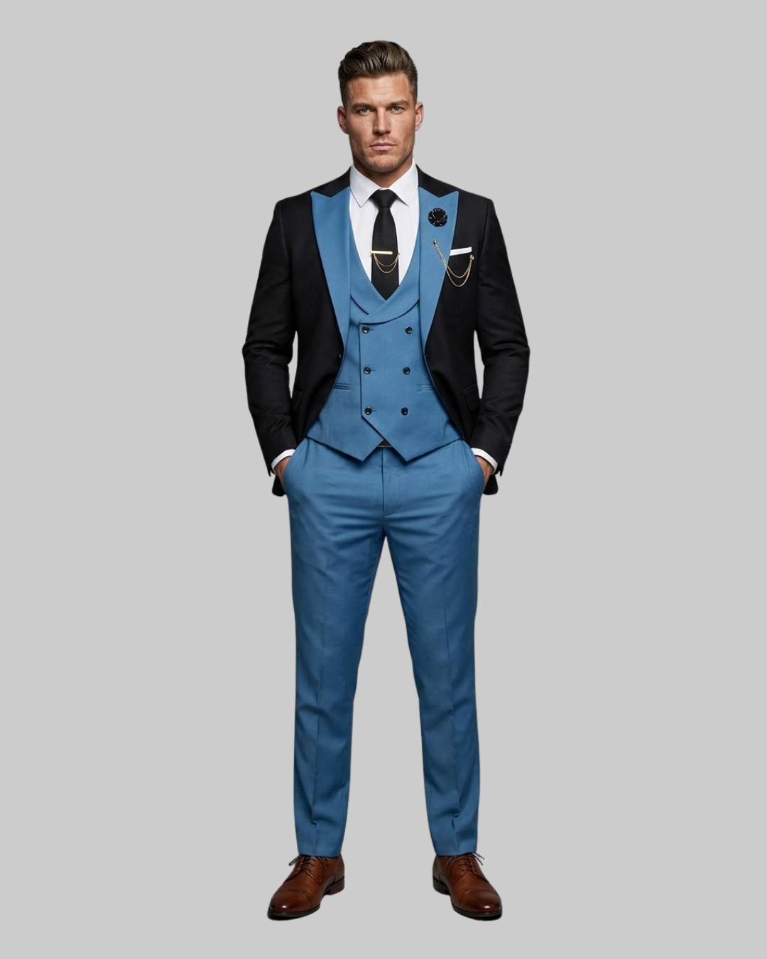 Men's Slim Contrast 3 Piece Suit in Black Lake Blue