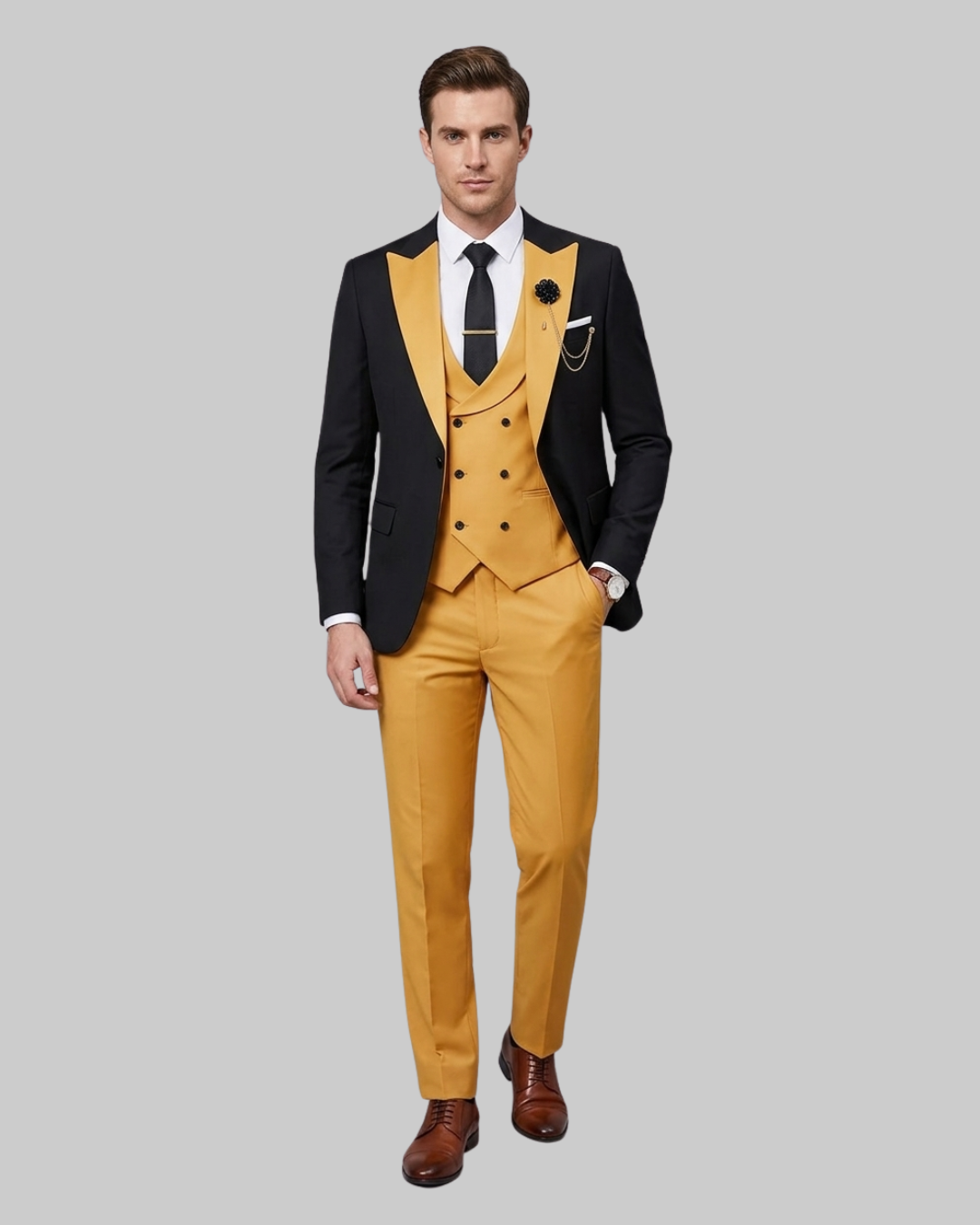 Men's Slim Contrast 3 Piece Suit in Gold