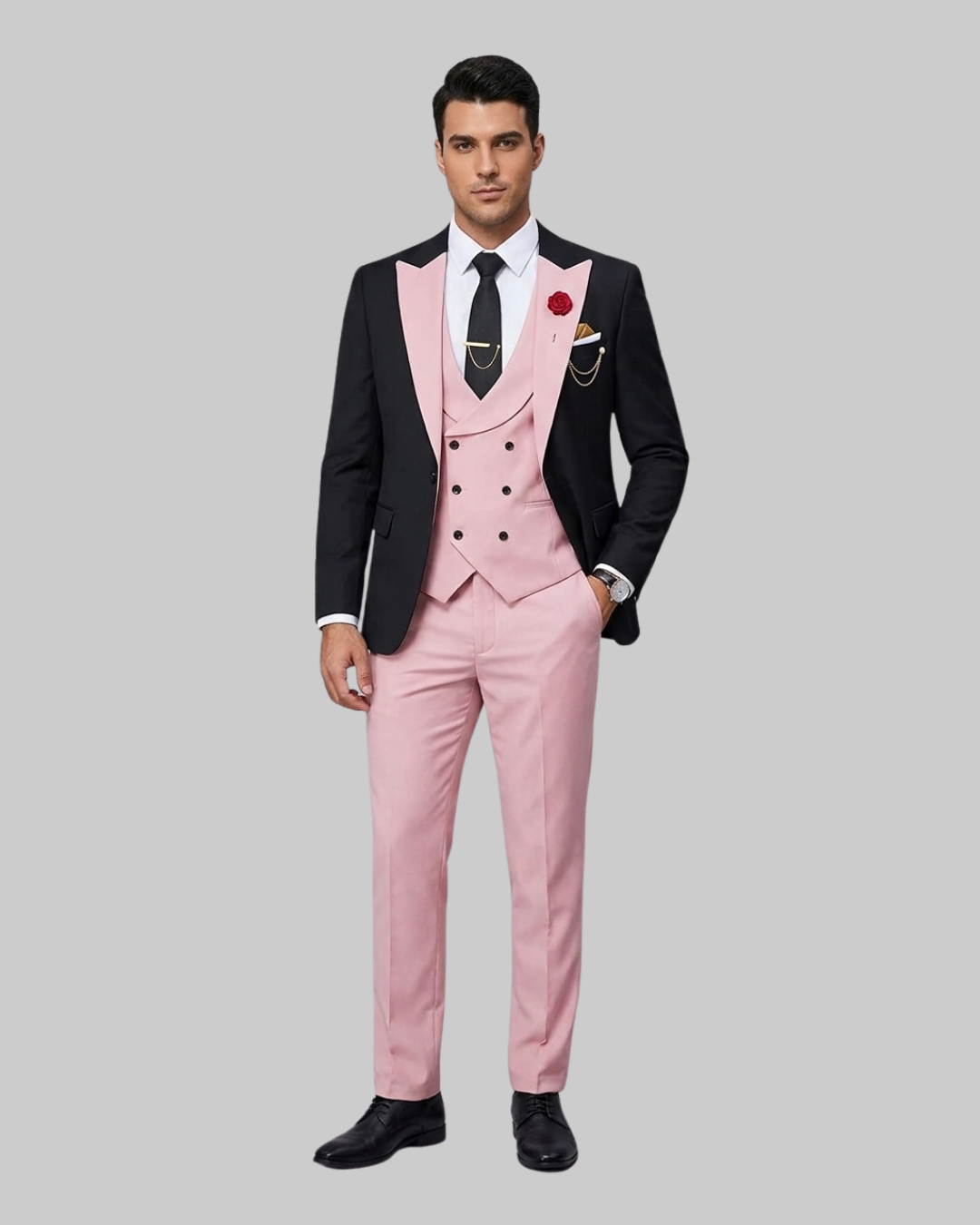 Men's Slim Contrast 3 Piece Suit in Black Pink