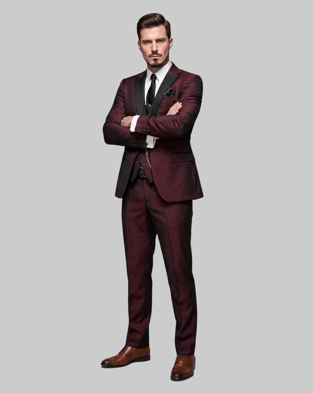 Men's Slim Fit Contrast 3 Piece Suit in Wine Red