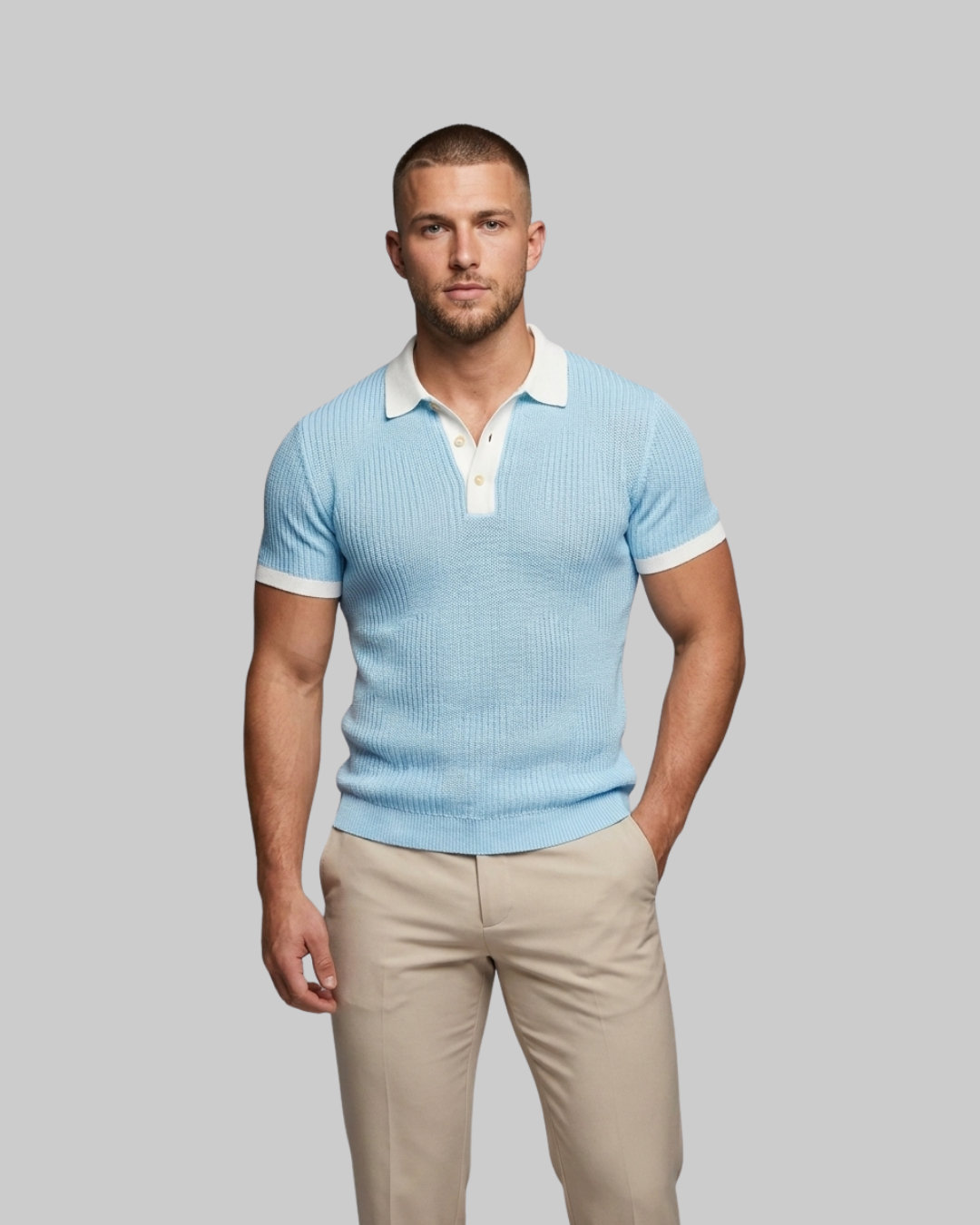 Men's Slim Fit Contrast Polo Shirt in light blue.