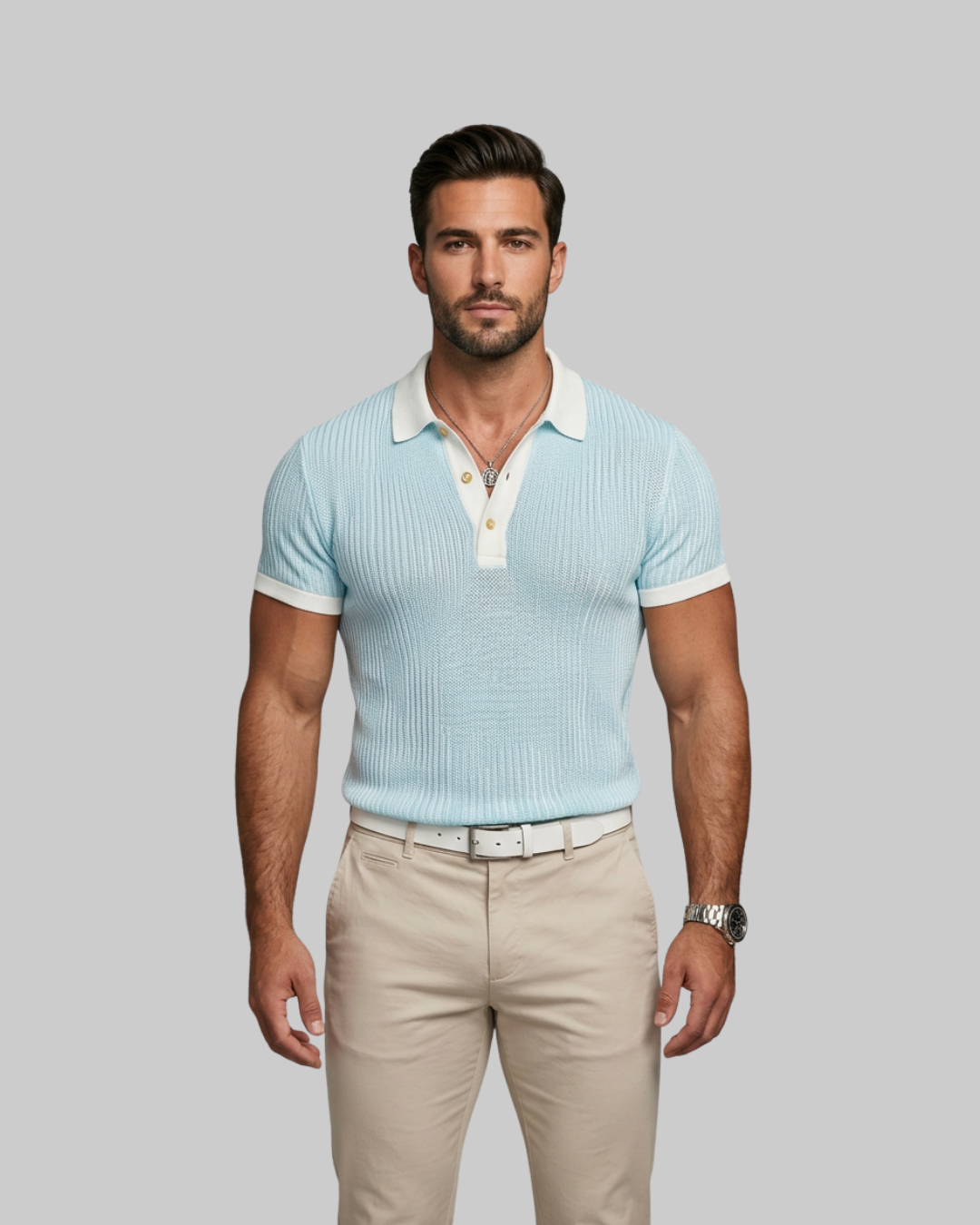 Men's Slim Fit Contrast Polo Shirt in sky blue.