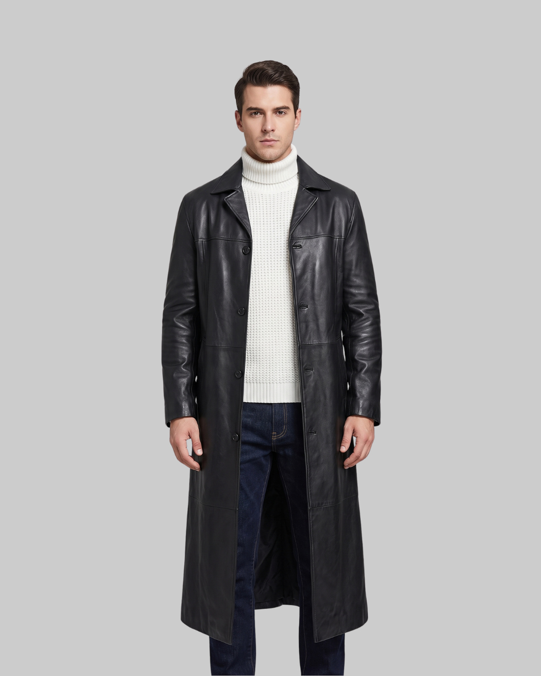 Men's Slim Fit Long Coat in black.