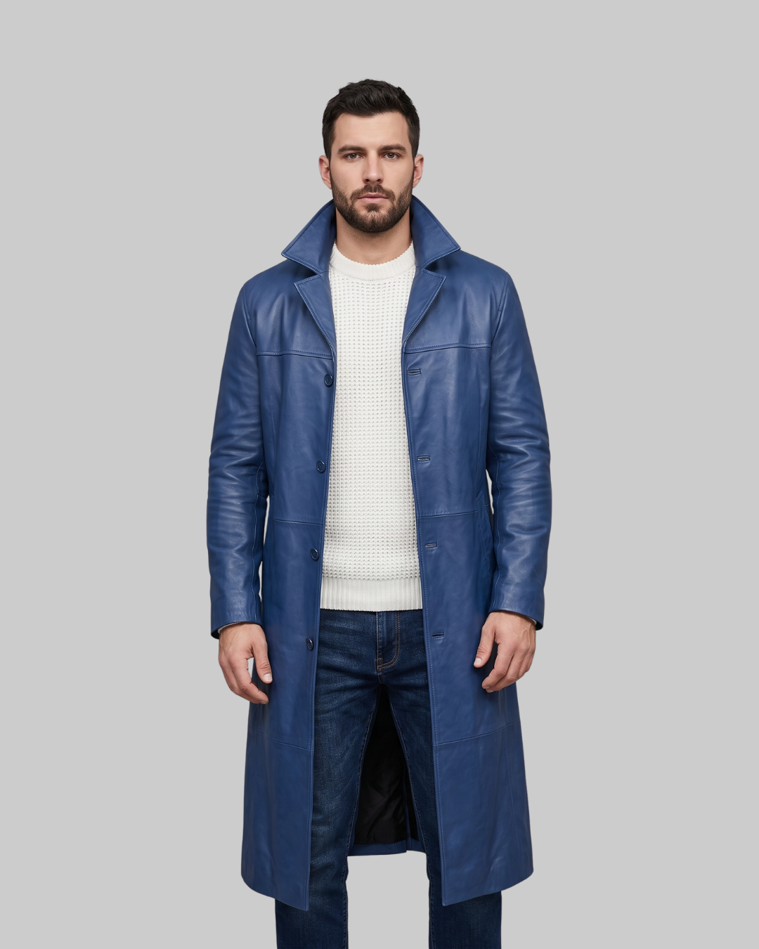 Men's Slim Fit Long Coat in blue.