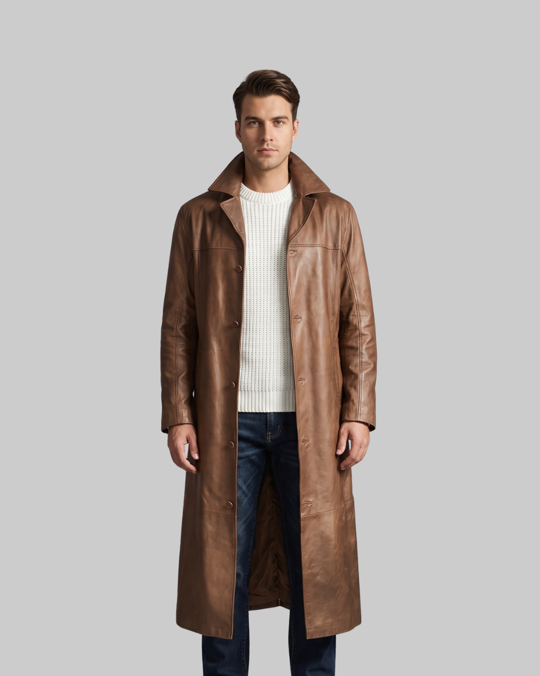 Men's Slim Fit Long Coat in brown.
