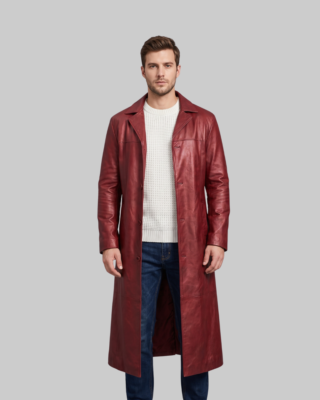 Men's Slim Fit Long Coat in red.