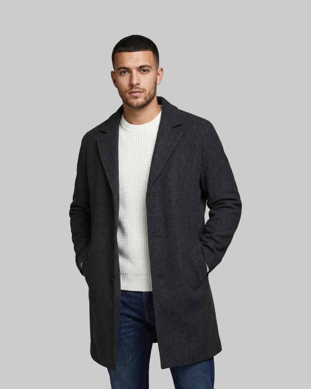 Men's Slim Mid-Length Coat in black.