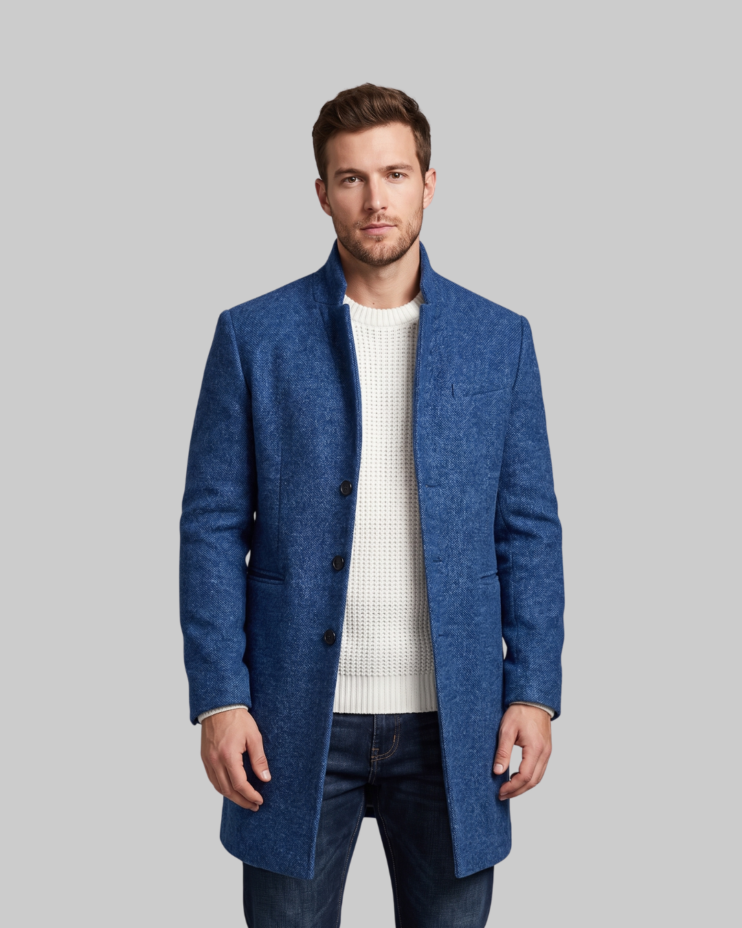 Men's Slim Mid-Length Coat in blue.