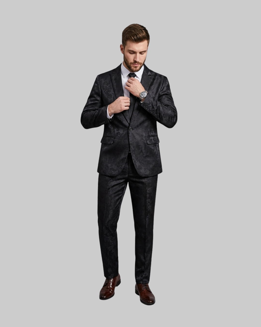 Men's Slim Paisley 2 Piece Suit in black.