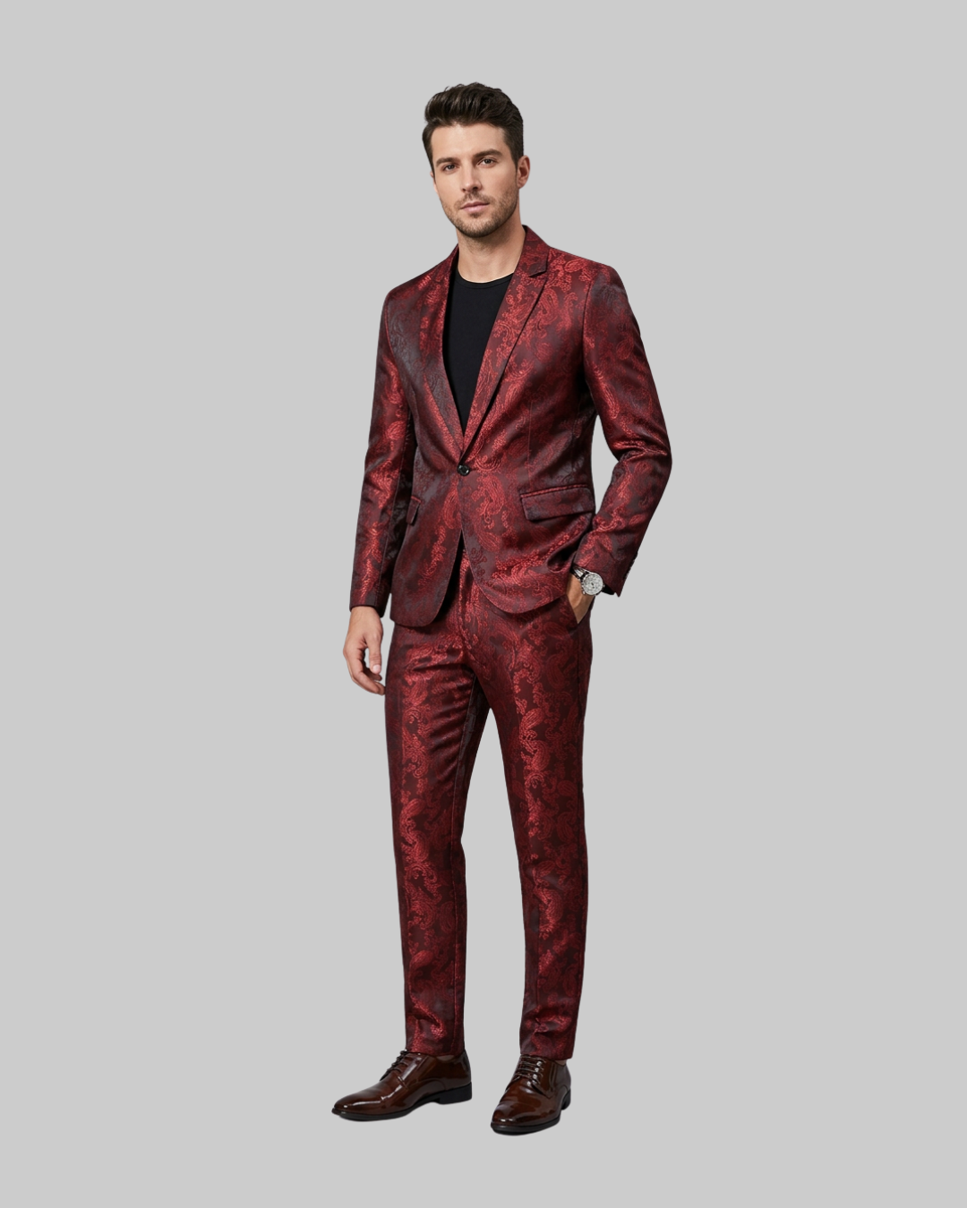 Men's Slim Paisley 2 Piece Suit in wine red.