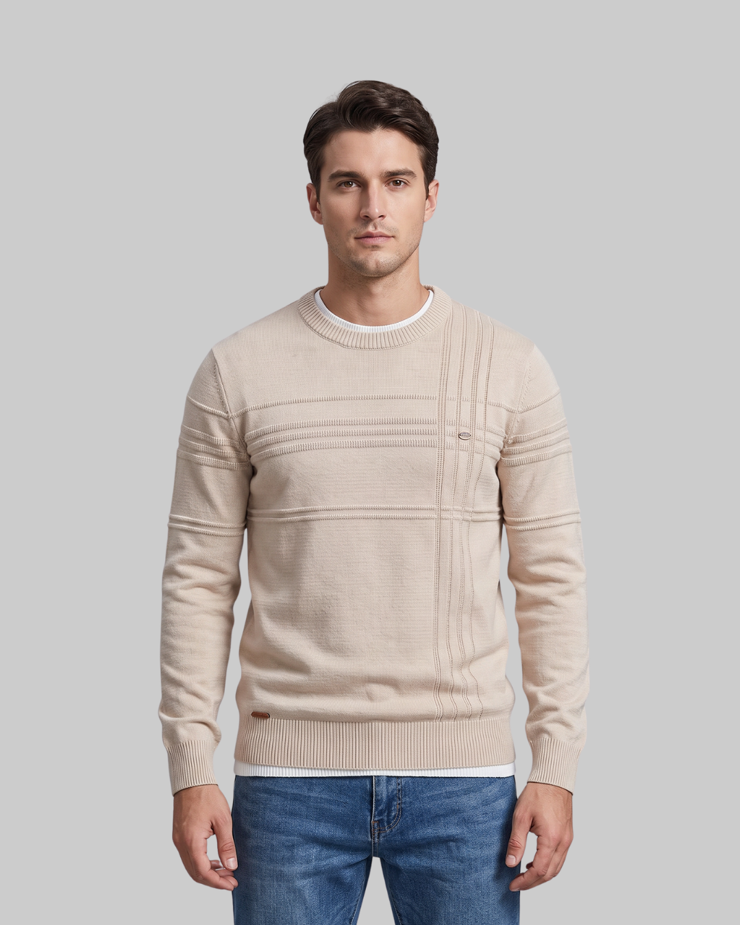 Men's Slim Pattern Crewneck Sweater in apricot.