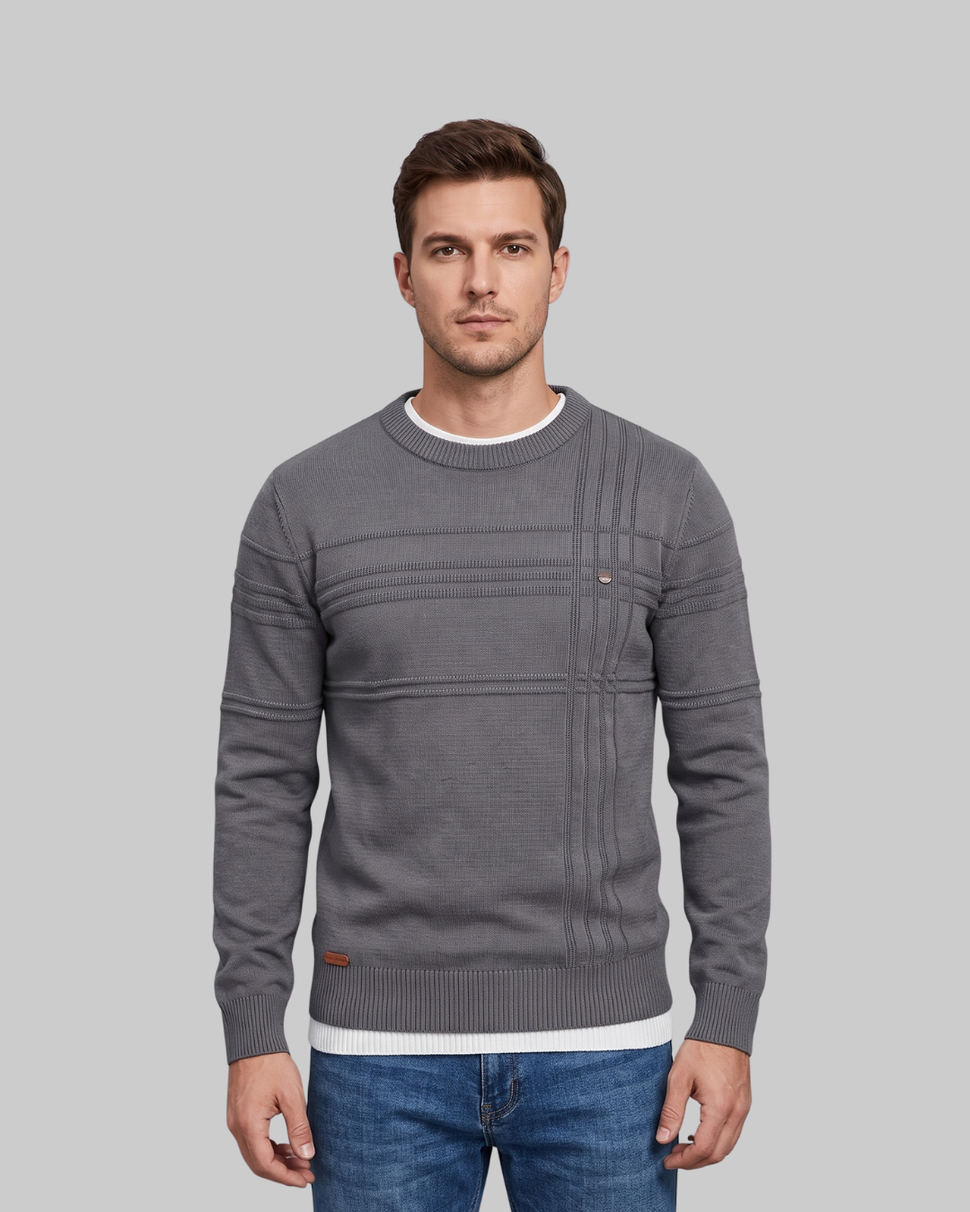 Men's Slim Pattern Crewneck Sweater in dark grey.