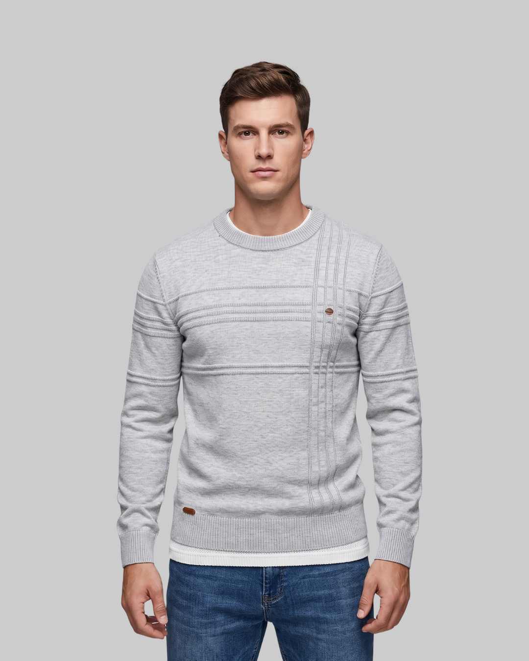 Men's Slim Pattern Crewneck Sweater in light grey.